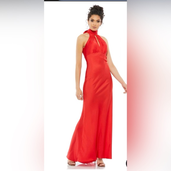 Mac Duggal Red Satin Keyhole Halter Empire Waist Wedding Guest dress Gown  20